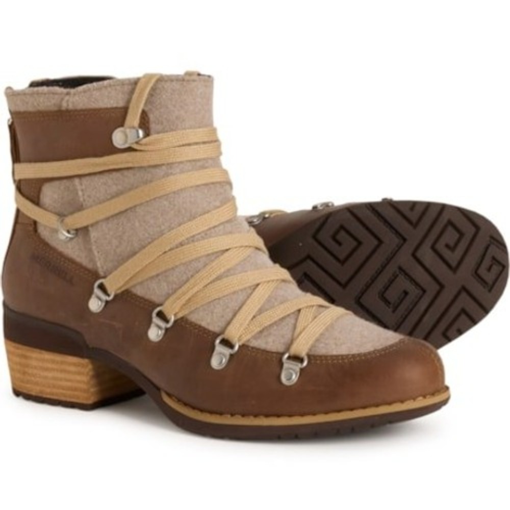 🆕 Merrell Leather Shiloh II Warm Women Short Boots Heeled Camel Brown Beige 6